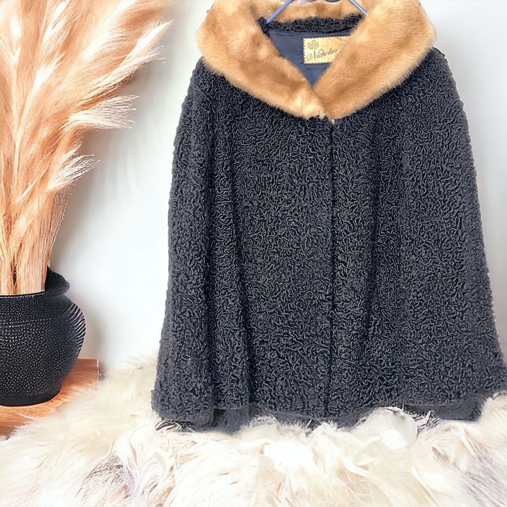 Authentic 1950s Vintage Nicholas Furs Black Persian Lambswool Mink Coat.